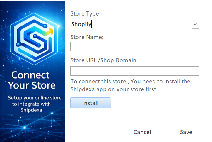 Shipdexa Connect Your Store dialog with Store Type Shopify, Store Name, Store URL, and Install button