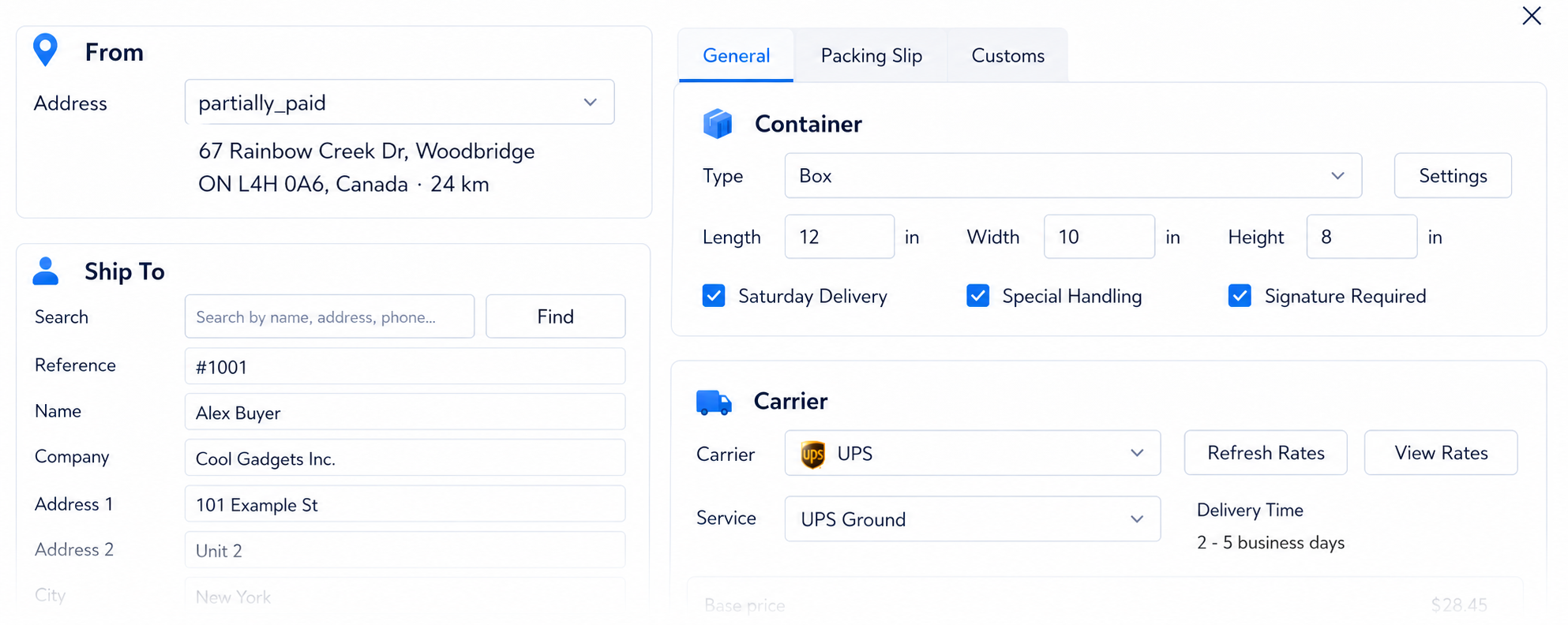 Shipdexa shipment review with From and Ship To addresses, container dimensions, and UPS Ground carrier selection