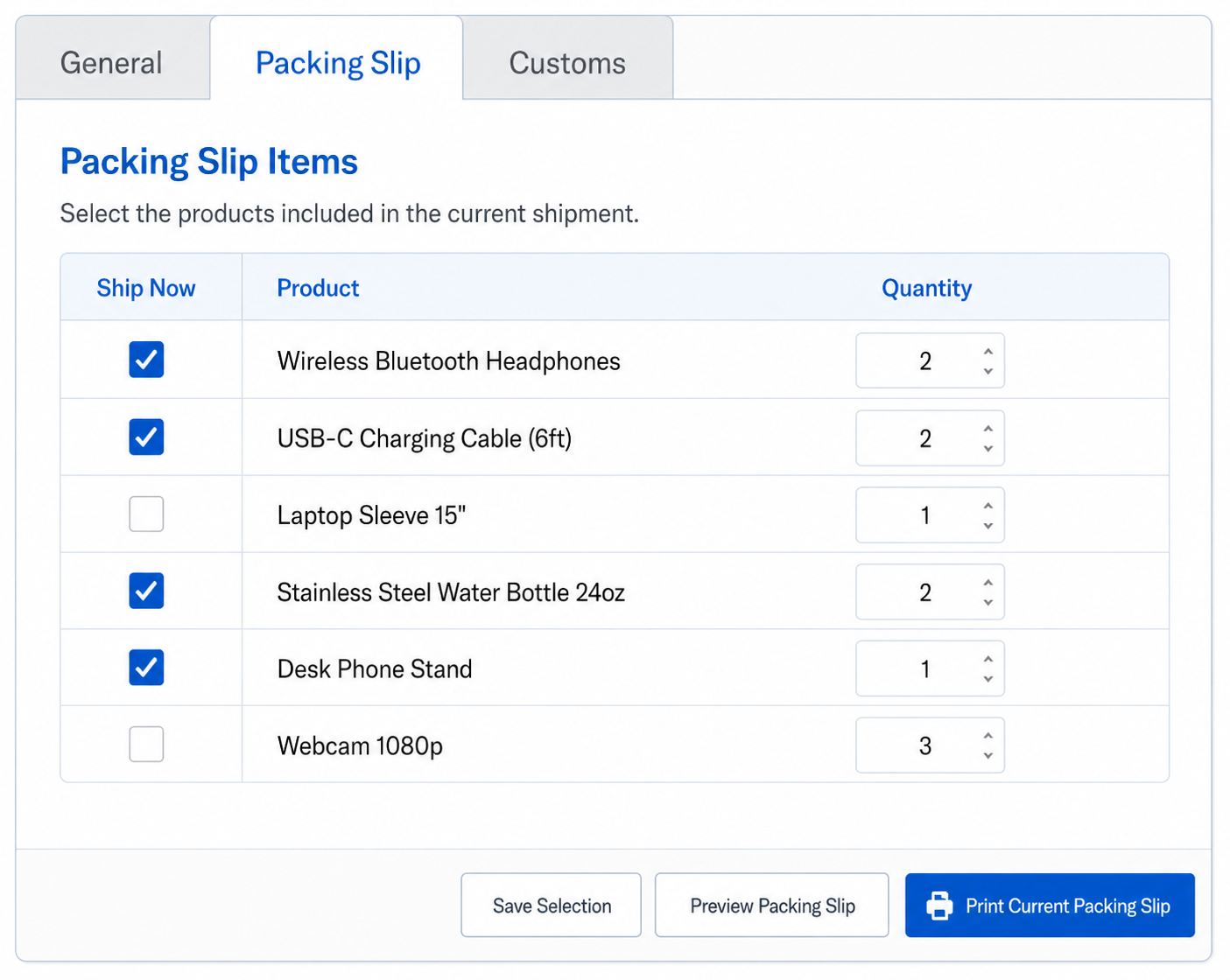 Shipdexa Packing Slip tab letting you pick which products and quantities ship now versus later