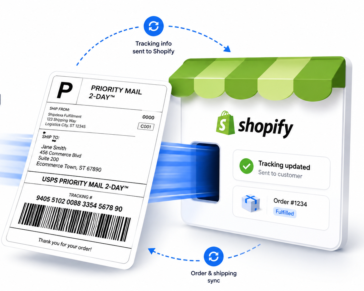Shipping label syncing tracking and order status back to Shopify after a Shipdexa label is printed